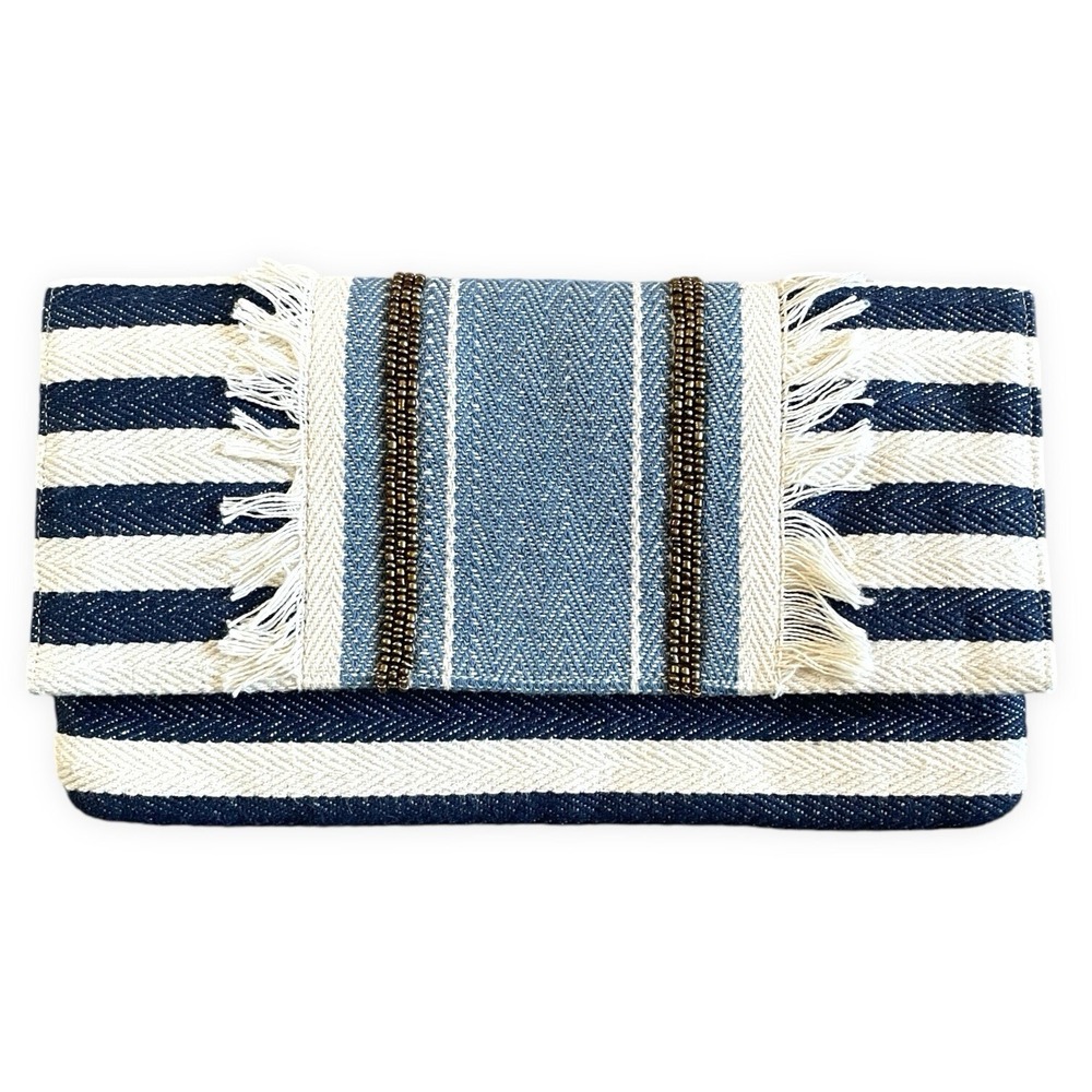Roberta Roller Rabbit Fringe Denim Envelope Clutch Beaded Boho Striped Handbag
